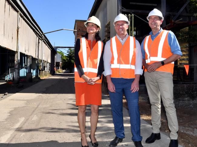 Northern Rail Yards site along Flinders Street, Townsville.  Townsville Enterprise CEO Claudia Brumme-Smith, Premier Steven Miles and Treasurer Cameron Dick.  Picture: Evan Morgan