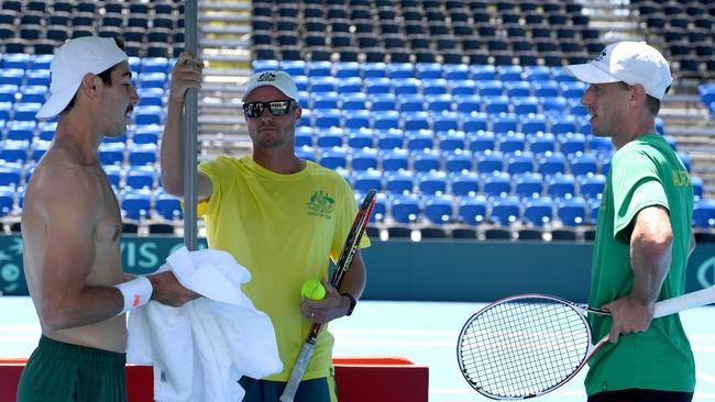 Captain Lleyton Hewitt with players Jordan Thompson and John Millman as Australia prepares for this weekend’s Davis Cup tie against Bosnia-Herzegovina at Memorial Drive. Picture: Tricia Watkinson