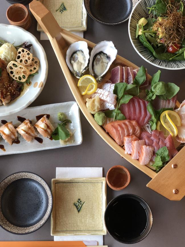 Sashimi boat and other food at Wasai Japanese restaurant, Adelaide