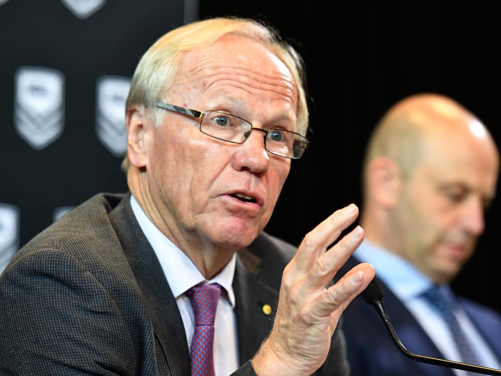 ARL Commission Chairman Peter Beattie and NRL CEO Todd Greenberg at a press conference at NRL headquarters in Sydney, Thursday, December 13, 2018. (AAP Image/Mick Tsikas) NO ARCHIVING