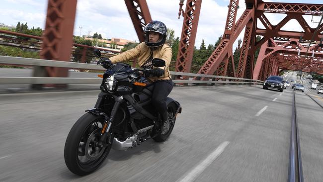 Monique Lisa astride Harley-Davidson’s electric Livewire. Picture: Matteo Cavadini