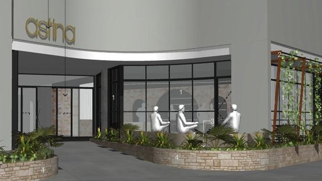 A 3D render showing the outside of Penrith's luxury Astina Hotel on Woodriff St, after the new cafe and bar is installed. Picture: Supplied/Integrated Design Group