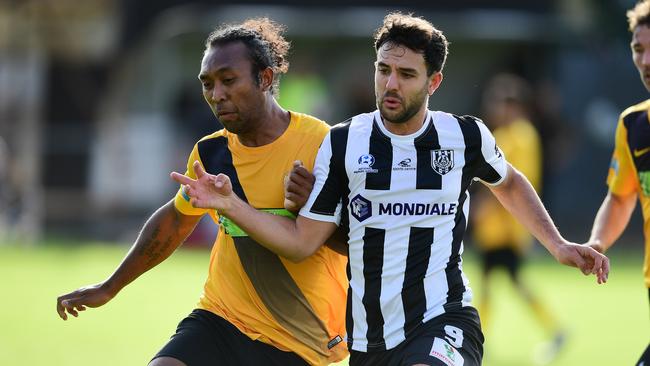 Adelaide City striker Anthony Costa (right) in FFA Cup SA action earlier this season. Picture: AAP/Mark Brake