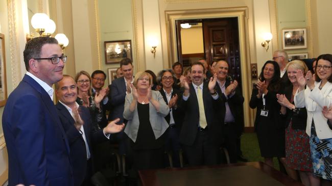 Premier Daniel Andrews greets the new Labor caucus. Picture: David Crosling (AAP)