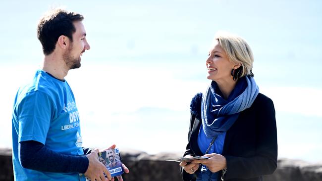 Liberal Candidate for the seat of Warringah, Katherine Deves, hands out campaign leaflets at Manly Beach. Picture: NCA NewsWire/Jeremy Piper