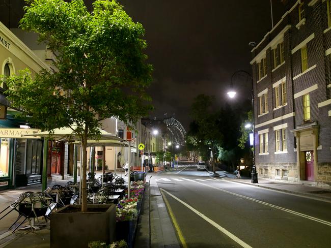 George St at The Rocks at 8pm. Picture: Jonathan Ng