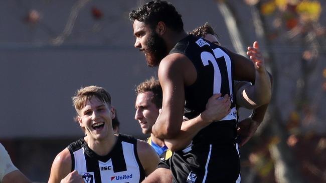 Kayle Kirby celebrates a goal for Collingwood. Picture: Michael Klein