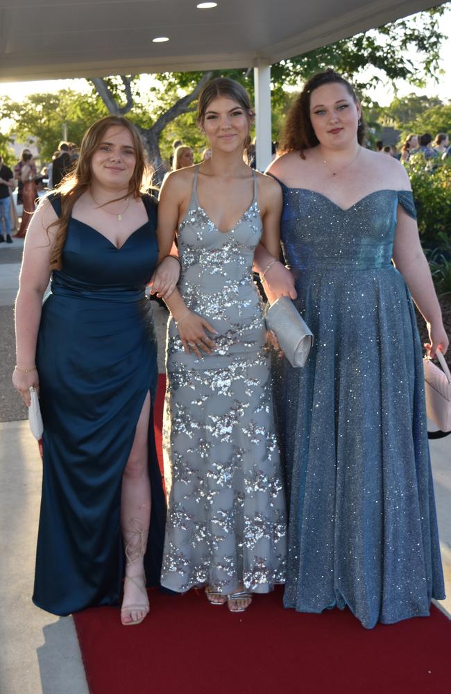 Abbie Senior, Keeley Rubett and Kristin Hutley at the Mountain Creek State High School formal on November 18, 2022. Picture: Sam Turner