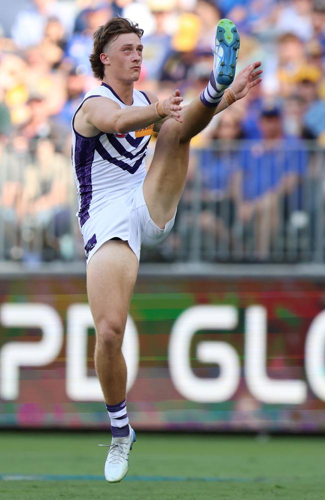 Jye Amiss kicked four goals in the Dockers’ big win against West Coast. Picture: AFL Photos via Getty Images