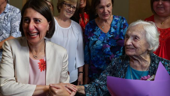 Gladys Berejiklian attends 105-year-old Albina Biruta’s birthday party. Picture: AAP Image/Dean Lewins