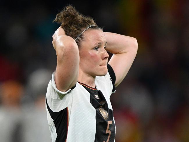 BRISBANE, AUSTRALIA - AUGUST 03: Marina Hegering of Germany looks dejected after the team's elimination from the tournament during the FIFA Women's World Cup Australia & New Zealand 2023 Group H match between South Korea and Germany at Brisbane Stadium on August 03, 2023 in Brisbane, Australia. (Photo by Bradley Kanaris/Getty Images)