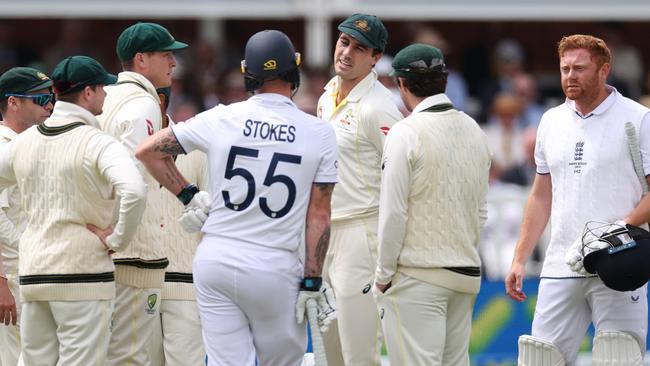 Pat Cummins talking to Ben Stokes and Jonny Bairstow after the incident. Picture: Getty Images