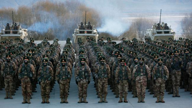 Chinese People's Liberation Army (PLA) soldiers assemble during military training at Pamir Mountains in Kashgar, northwestern China's Xinjiang region. Picture: AFP