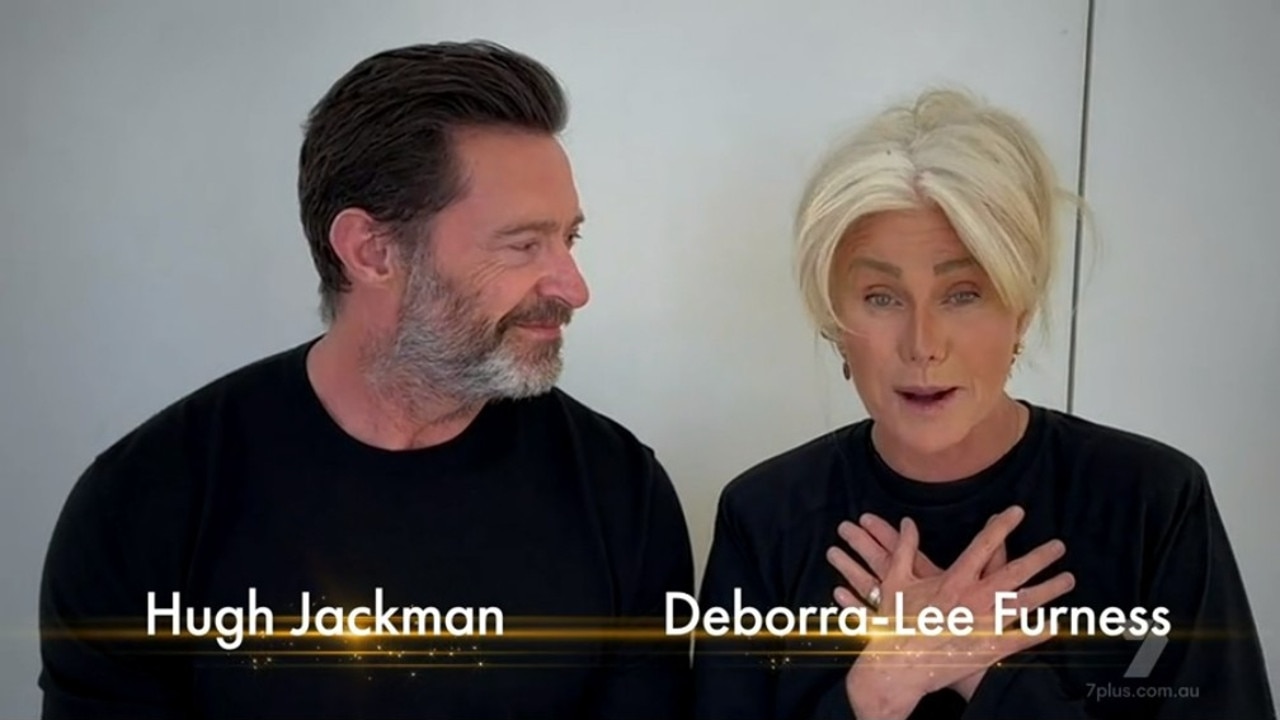 Hugh Jackman Deborra-Lee Furness joined Aussie superstars via video link to honour Brian Walsh as he was posthumously inducted into the Logies Hall of Fame. Picture: Channel 7