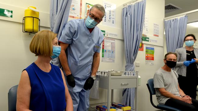 Former Prime Minister Julia Gillard receives her Astrazenica vaccine along with Health Minister Greg Hunt. Picture: Andrew Henshaw