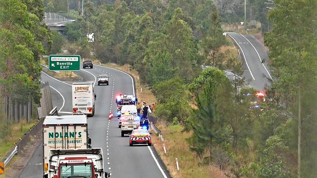 The scene of the crash on the Pacific Motorway about 15 minutes south of Coffs Harbour. Picture: Frank Redward