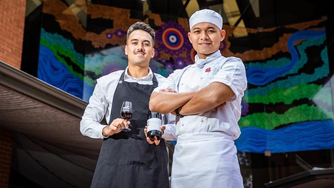 TAFE SA students  Liam Knevitt, 23, (Hospitality Management) and Teo Adani Syahputra, 20, (Cookery and Hospitality) on December 6th, 2022, at the city campus.Picture: Tom Huntley