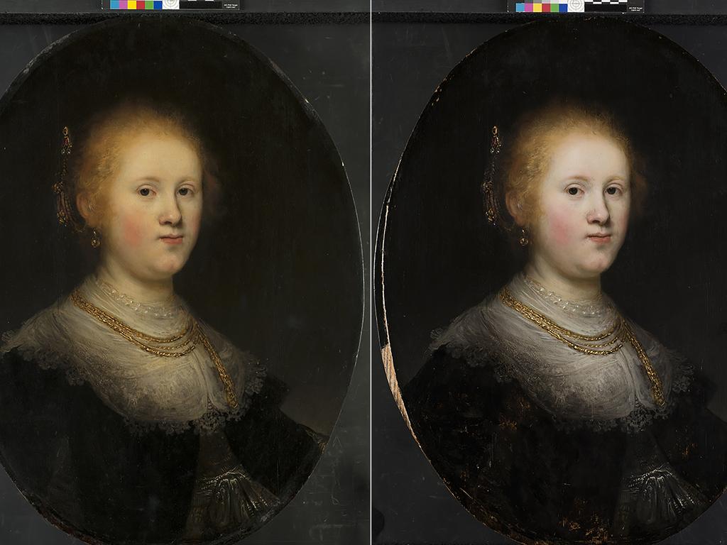 Before and after restoration of "Portrait of a Young Woman", the 1632 painting that had been attributed to an unknown artist but has been judged to have been a work of Rembrandt himself. Picture: Allentown Art Museum via AP