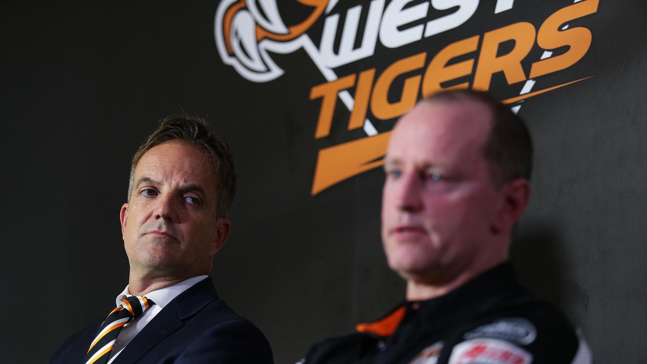 Wests Tigers CEO Justin Pascoe and new coach Michael Maguire speak during a press conference at Concord Oval, Sydney. Picture: Brett Costello