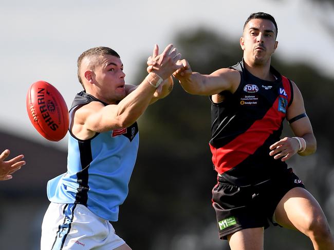 AberfeldieÃs James Peters and Pascoe ValeÃs Corey Le Favi during the EDFL footy match between Pascoe Vale and Aberfeldie in Pascoe Vale, Saturday, April 17, 2021. Picture: Andy Brownbill