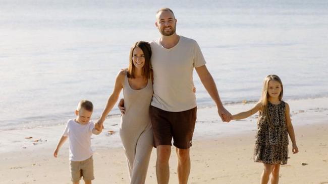 Northern Beaches mum Emma Gorrick with her husband Dave and children Ryan and Mya.