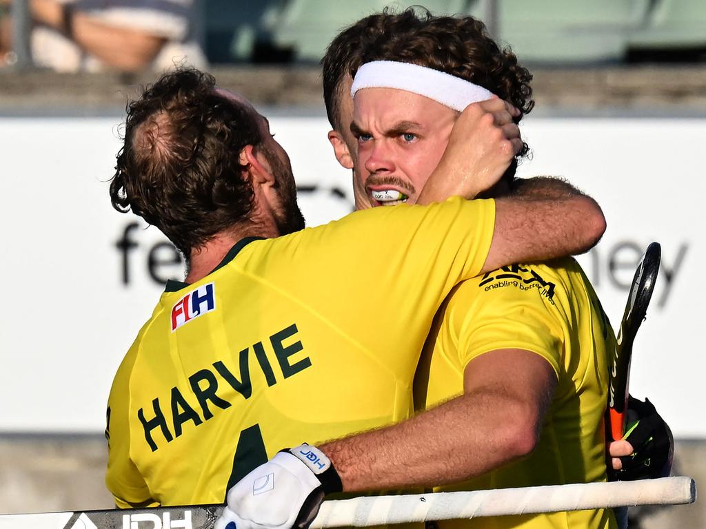 Burns was in the thick of the action in the Pro League, including scoring a goal against the reigning Olympic champions. Picture: Saeed Khan/AFP