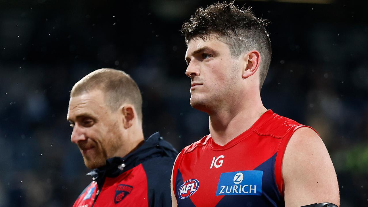 GEELONG, AUSTRALIA - JUNE 22: Angus Brayshaw of the Demons looks dejected after a loss during the 2023 AFL Round 15 match between the Geelong Cats and the Melbourne Demons at GMHBA Stadium on June 22, 2023 in Geelong, Australia. (Photo by Michael Willson/AFL Photos via Getty Images)
