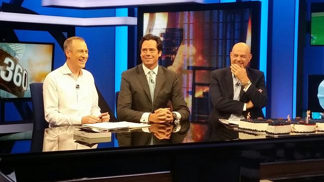 Gerard Whateley on the set of AFL360 with AFL boss Gillon McLachlan and co-host Mark Robinson.