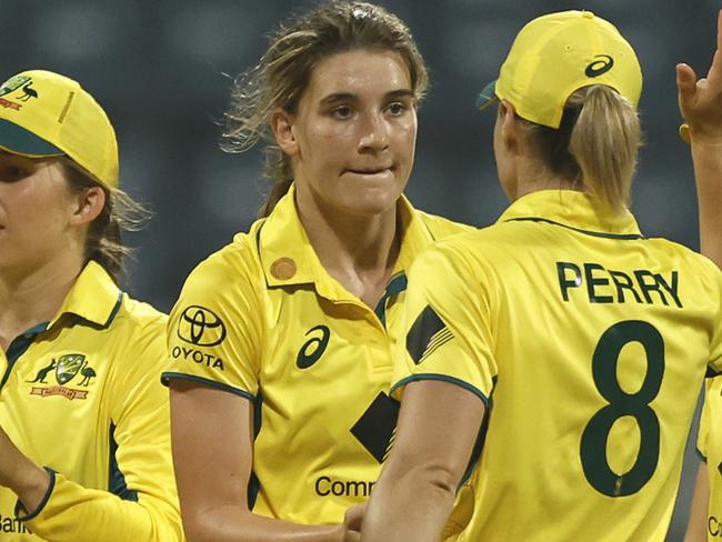 MUMBAI, INDIA - DECEMBER 30: Annabel Sutherland of Australia celebrates the wicket of Richa Ghosh of India during women's One Day International Match between India and Australia at Wankhede Stadium on December 30, 2023 in Mumbai, India. (Photo by Pankaj Nangia/Getty Images)