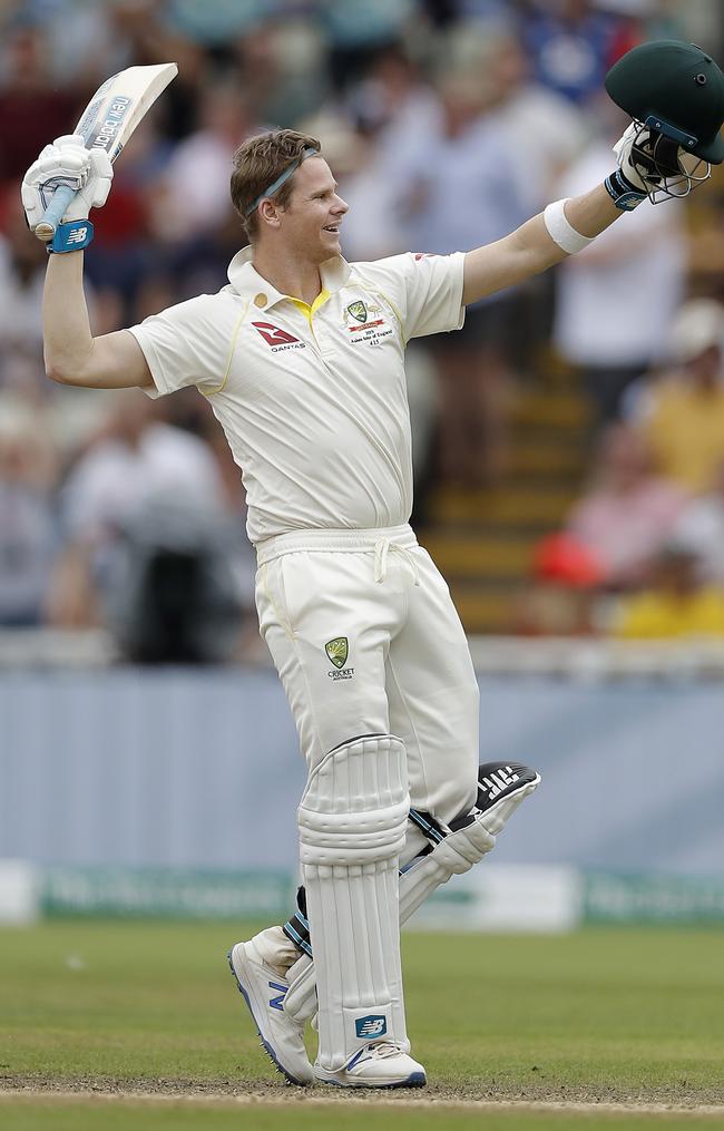 Steve Smith celebrates his century on day four of the First Ashes Test at Edgbaston this week. Picture: Ryan Pierse/Getty Images