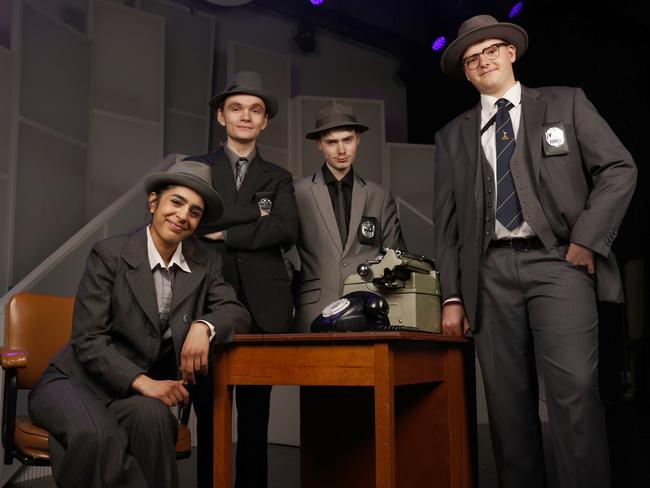 Trisha Agrawal as Agent Cod, Riley McPherson as Agent Dollar, Liam Harvey as Agent Branton, Finn Hatton as Carl Hanratty.  Rosny College production of Catch Me If You Can.  Picture: Nikki Davis-Jones