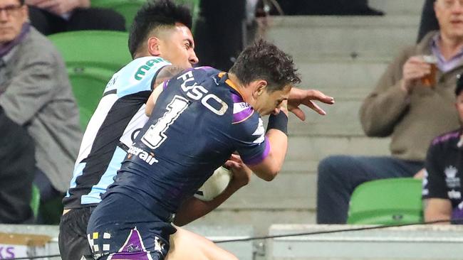 Billy Slater was issued with a shoulder charge ban for his hit on Sosaia Feki. Picture: Getty Images