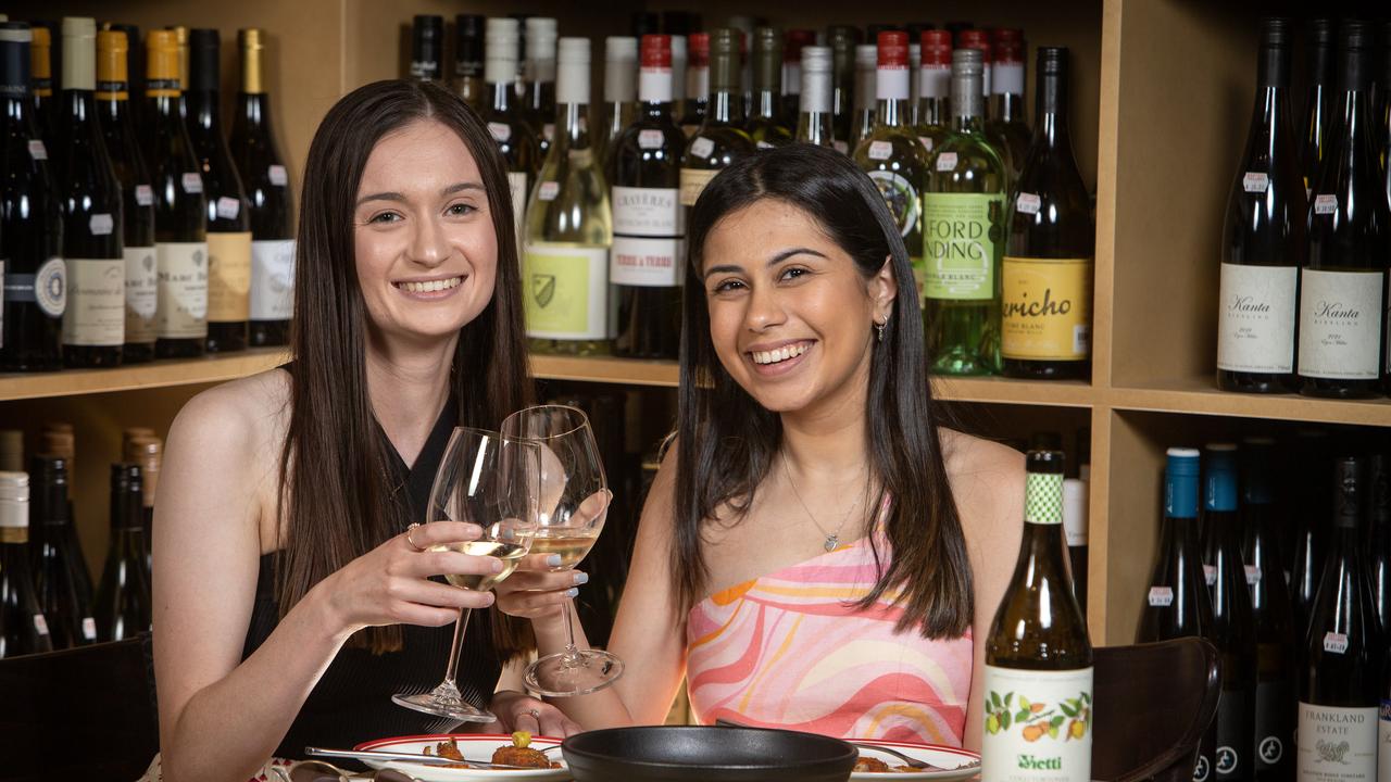 Emily Cetta and Sneha Lohana enjoy a drink and nibbles at East End Cellars. Picture: Emma Brasier