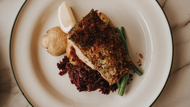 Great Western Hotel, Ballan Lemon crusted barramundi with beans and red cabbage Supplied pic