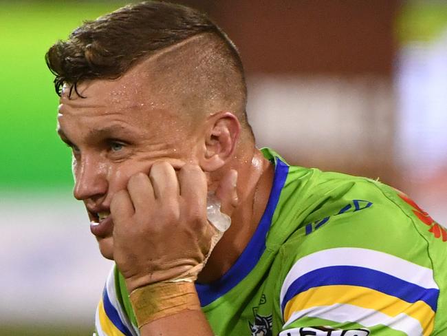 Raiders Jack Wighton looks on at the end of the match during the Round 2 NRL match between the Canberra Raiders and the Newcastle Knights at GIO Stadium in Canberra, Sunday, March 18, 2018. (AAP Image/Mick Tsikas) NO ARCHIVING, EDITORIAL USE ONLY