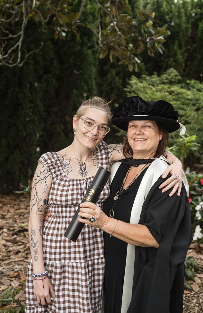 Doctorate of Creative Arts graduate Hele Ellis with Elf Ellis at a UniSQ graduation ceremony at Empire Theatres, Tuesday, February 13, 2024. Picture: Kevin Farmer