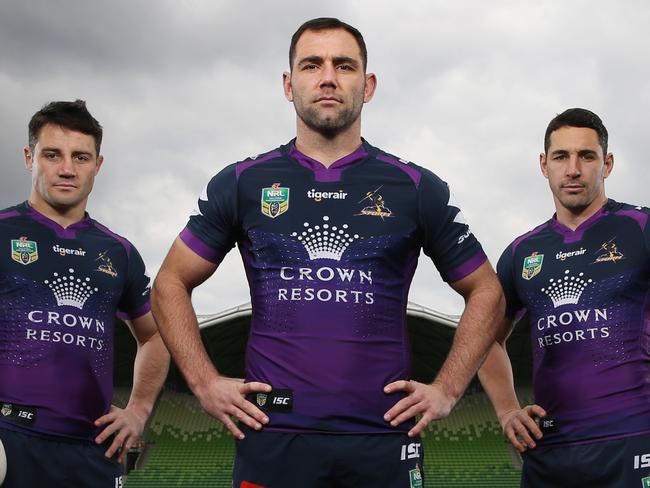 Melbourne Storm's Big 3. Captain Cameron Smith with Cooper Cronk and Billy Slater. Pic: Michael Klein