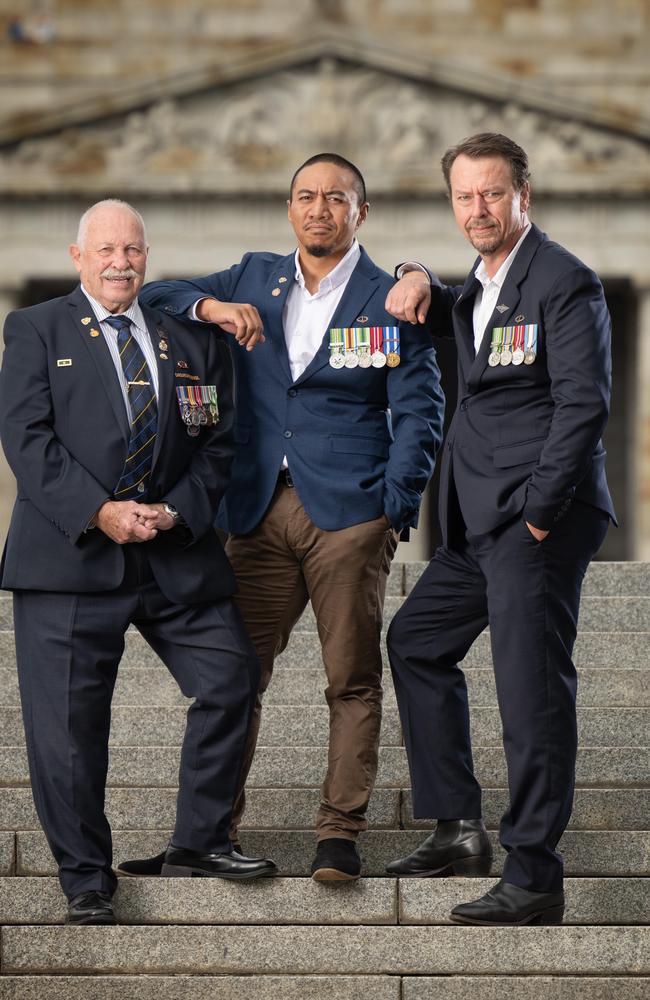 Veterans John Willis, Jon Saemo, Bryan Ross at the front of the Shrine of Remembrance in Melbourne. Picture: Tony Gough