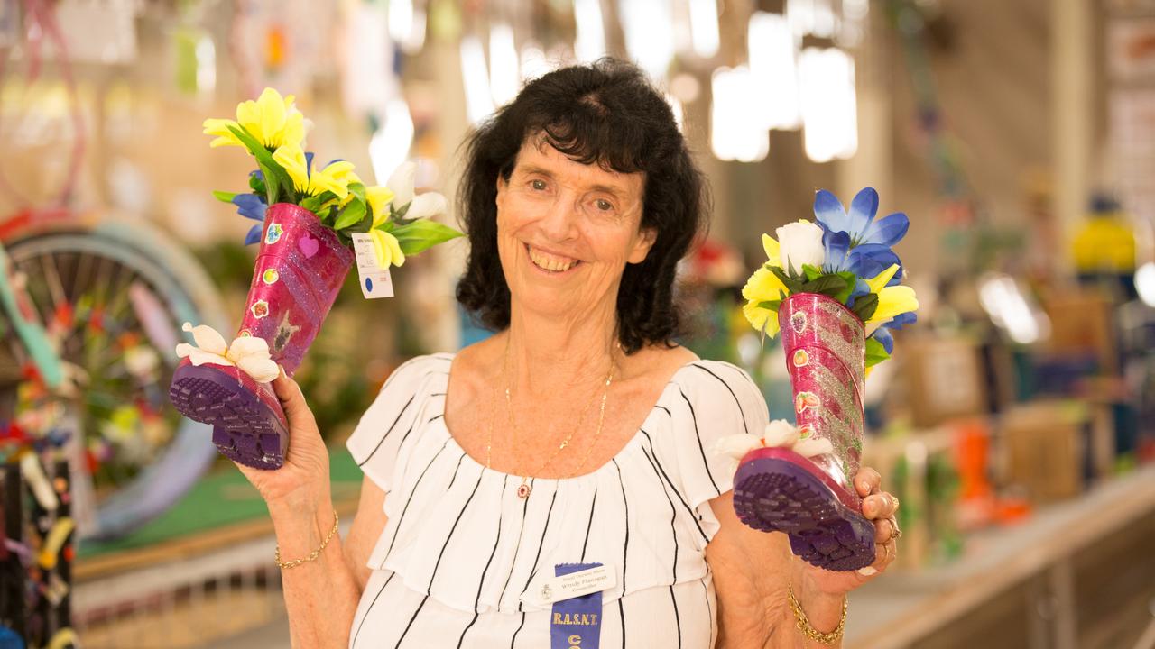 Show councillor Wendy Flanagan with the winning Painted Gumboots entry for 10 years and under. Picture GLENN CAMPBELL