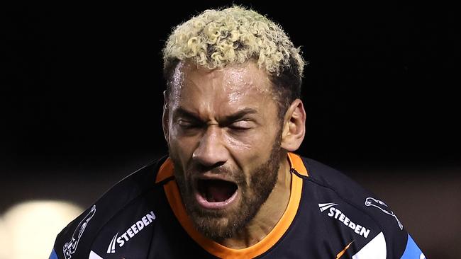 SYDNEY, AUSTRALIA - JULY 12:  Apisai Koroisau of the Wests Tigers reacts after being sent to the sin-bin during the round 19 NRL match between Cronulla Sharks and Wests Tigers at PointsBet Stadium on July 12, 2024, in Sydney, Australia. (Photo by Brendon Thorne/Getty Images)