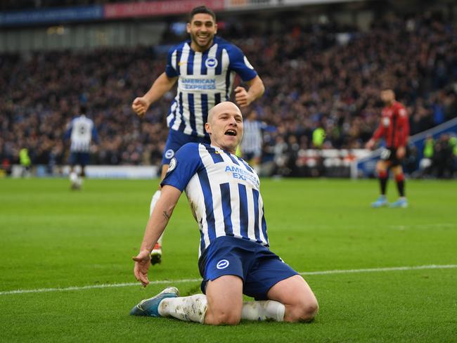 BRIGHTON, ENGLAND - DECEMBER 28: Aaron Mooy of Brighton & Hove Albion celebrates with Neal Maupay after scoring his teams second goal during the Premier League match between Brighton & Hove Albion and AFC Bournemouth  at American Express Community Stadium on December 28, 2019 in Brighton, United Kingdom. (Photo by Mike Hewitt/Getty Images)