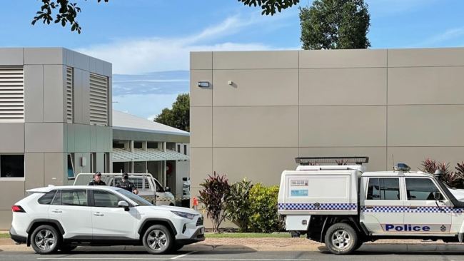 Police cars outside Peace Lutheran College in Cairns after a female student, 18, was allegedly stabbed by a male student. Tuesday, May 16, 2023.