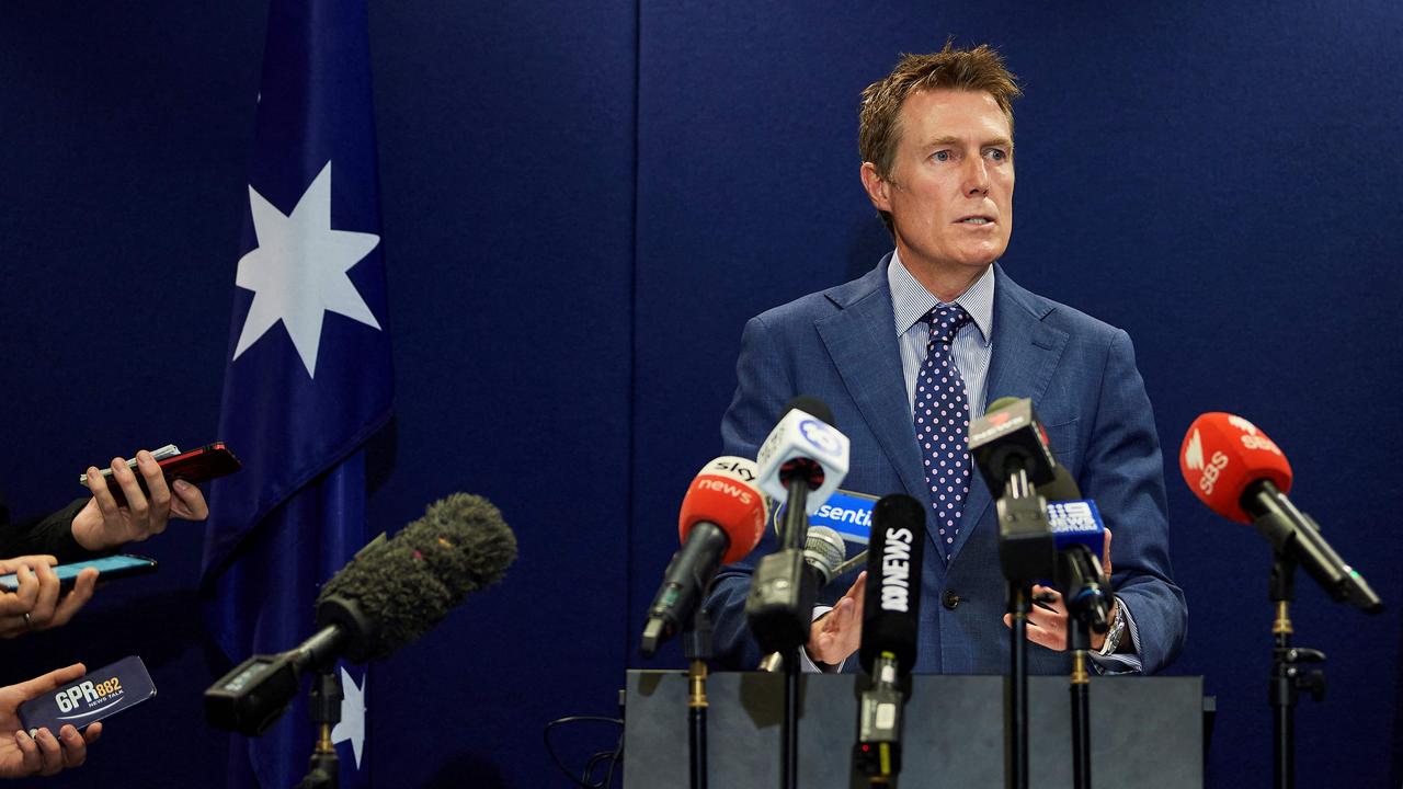 Former Attorney-General Christian Porter at his press conference in Perth on March 3, 2021, at which he confirmed he was at the centre of historical rape allegations, which he has denied. Picture: Stefan Gosatti / AFP