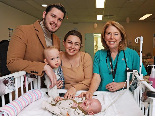 Ethan and Alyscea Andriske with their baby Aurora, two-year-old son Tobias and Dr Meredith Ward. Picture: Tim Hunter