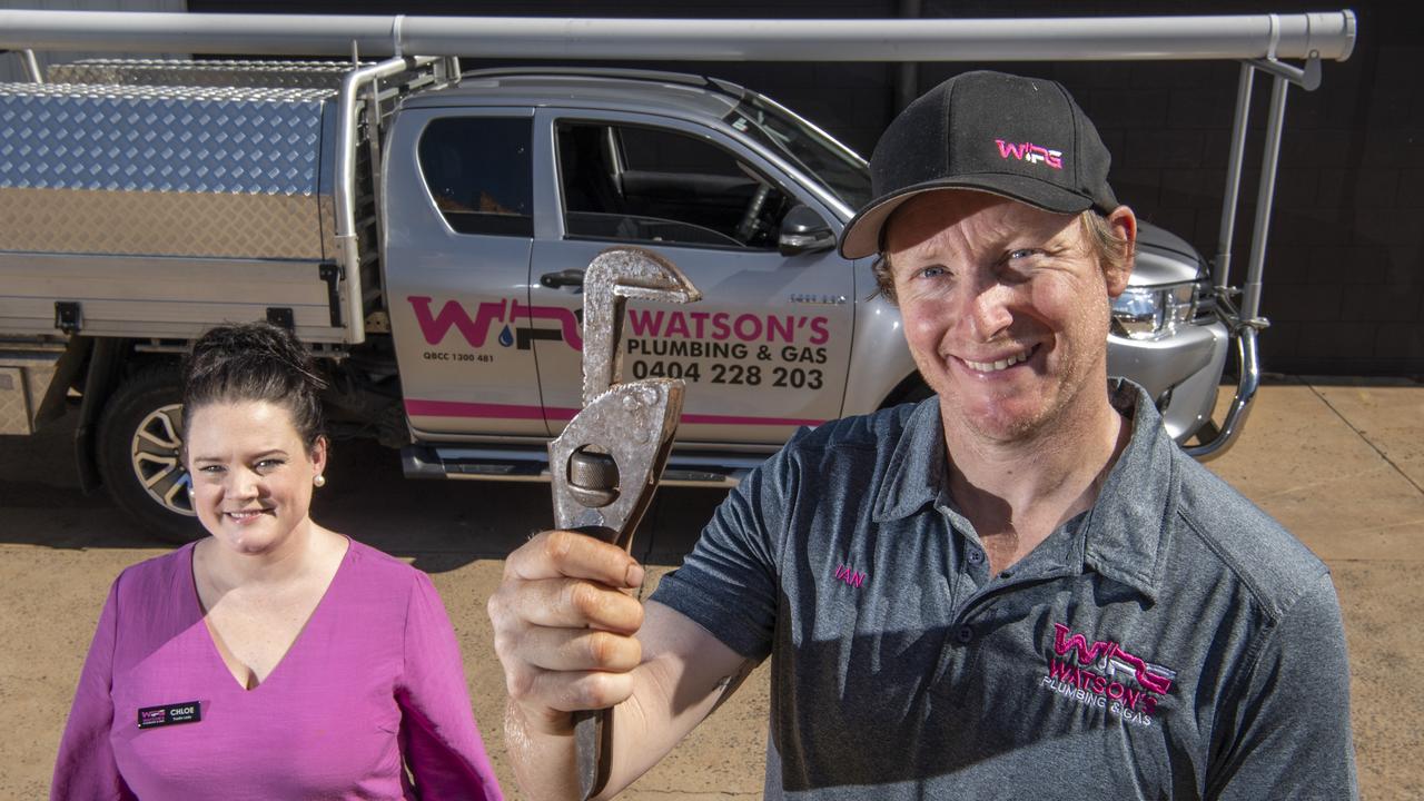 BIRTHDAY PRESENT: After 12 months in business, Watson’s Plumbing and Gas co-owners Chloe and Ian Watson have been named Master Plumber Queensland Award finalists. Picture: Nev Madsen.