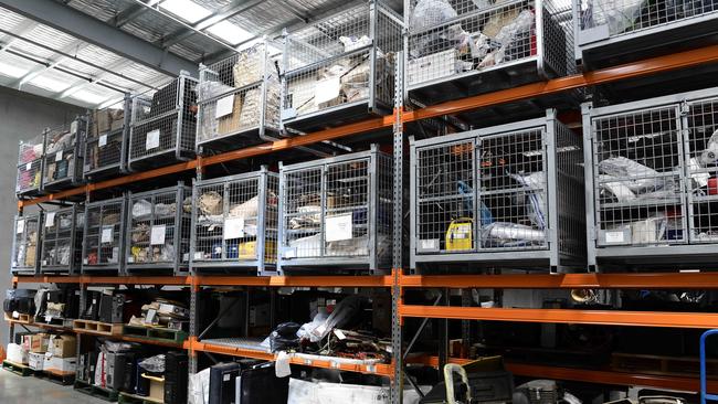 Storage racks and cages containing exhibits at the new SAPOL complex. Picture: Bianca De Marchi