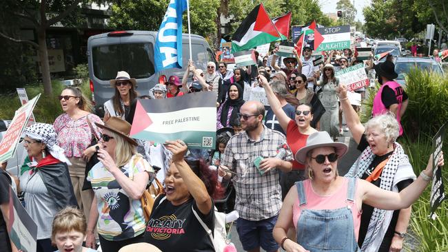 Free Palestine Protest in Little Malop St Geelong then stopping in Malop St then onto Transvaal Square Picture: Mark Wilson