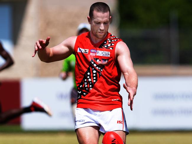 Tiwi Bombers  player Ashton Hams gets boot to ball during round 13 premier league Wanderers v Tiwi Bombers at TIO Stadium on Saturday, January 13, 2019. Picture: Keri Megelus