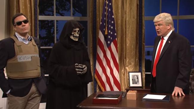 Jimmy Fallon as Jared Kushner, Stephen Bannon portrayed as the Grim Reaper and Alec Baldwin as Donald Trump in the Saturday Night Live skit.