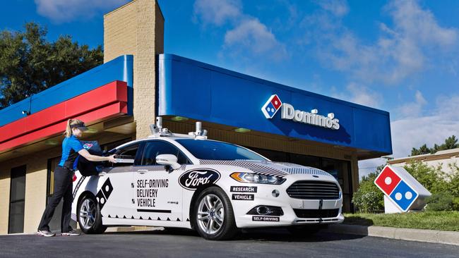 Ford tested an autonomous car with Dominos pizza in the US in August 2017. The only hurdle: getting the pizza from the car to the customer’s front door. Picture: Supplied.